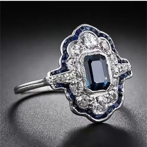 New simulated sapphire & clear cz sterling silver Art deco ring